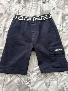 Versace Navy Cargo Shorts with Black & White Greek-Key Waistband